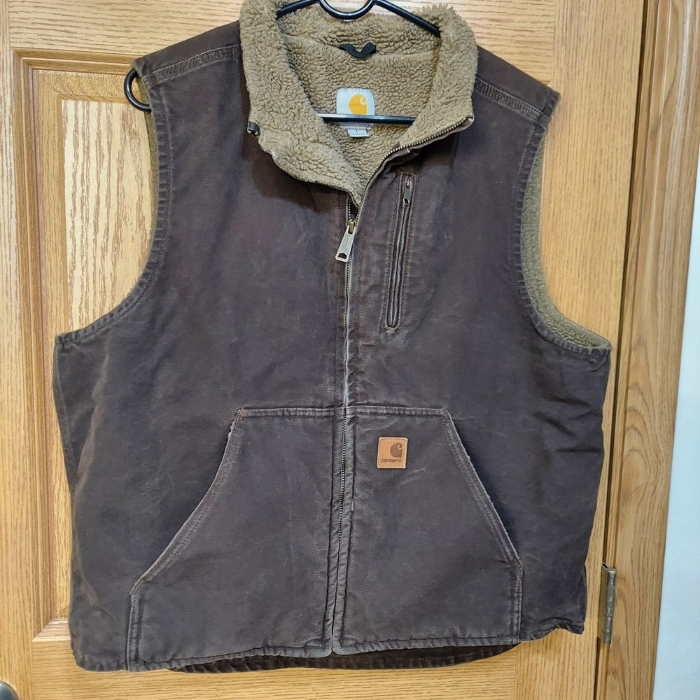 Carhartt Mens Large V33 DKB Sandstone Mock Neck Sherpa Lined Vest Dark Brown